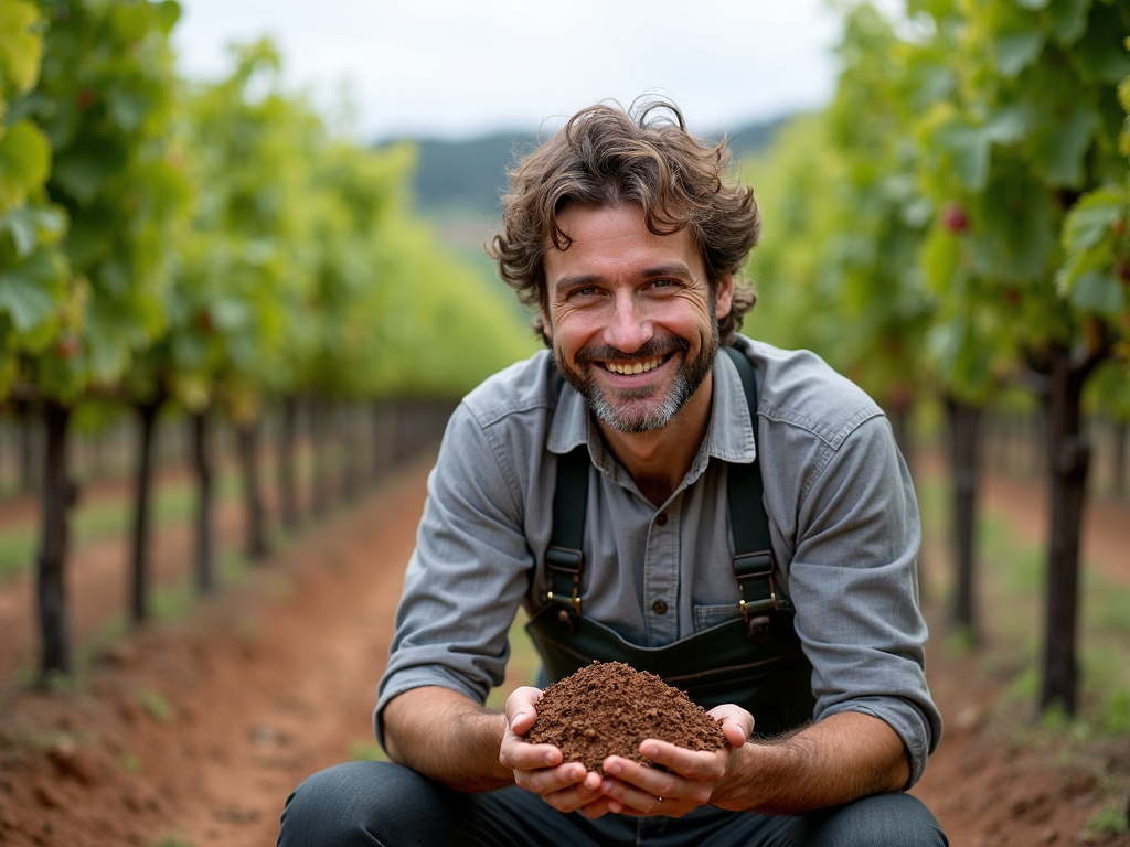 A winemaker examining soil in a vineyard, linking terroir to wine quality.