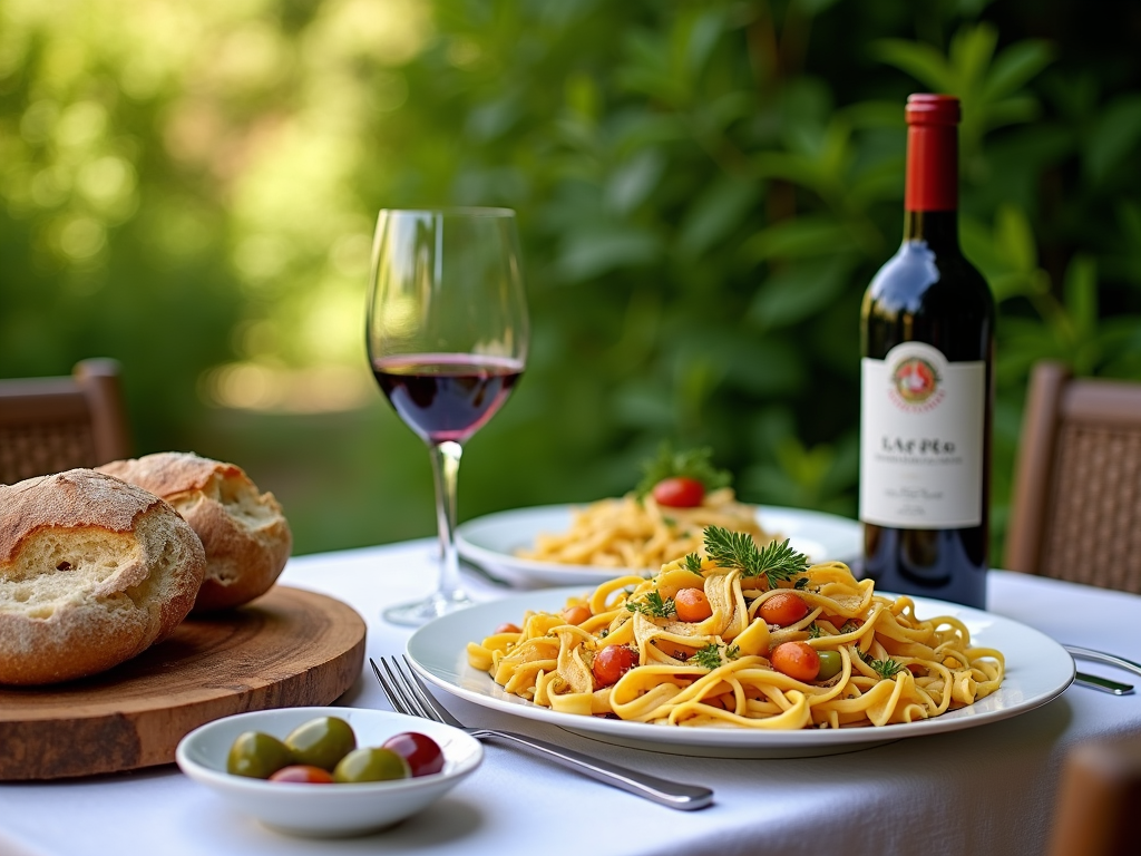 A rustic table setting featuring a classic Tuscan meal with wine.