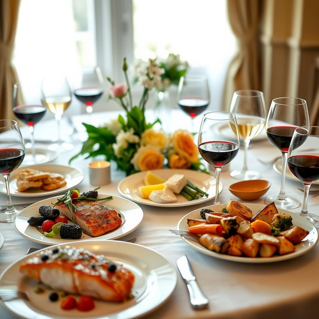 Elegant dining table with assorted dishes and wine glasses, set for a wine and food pairing event.