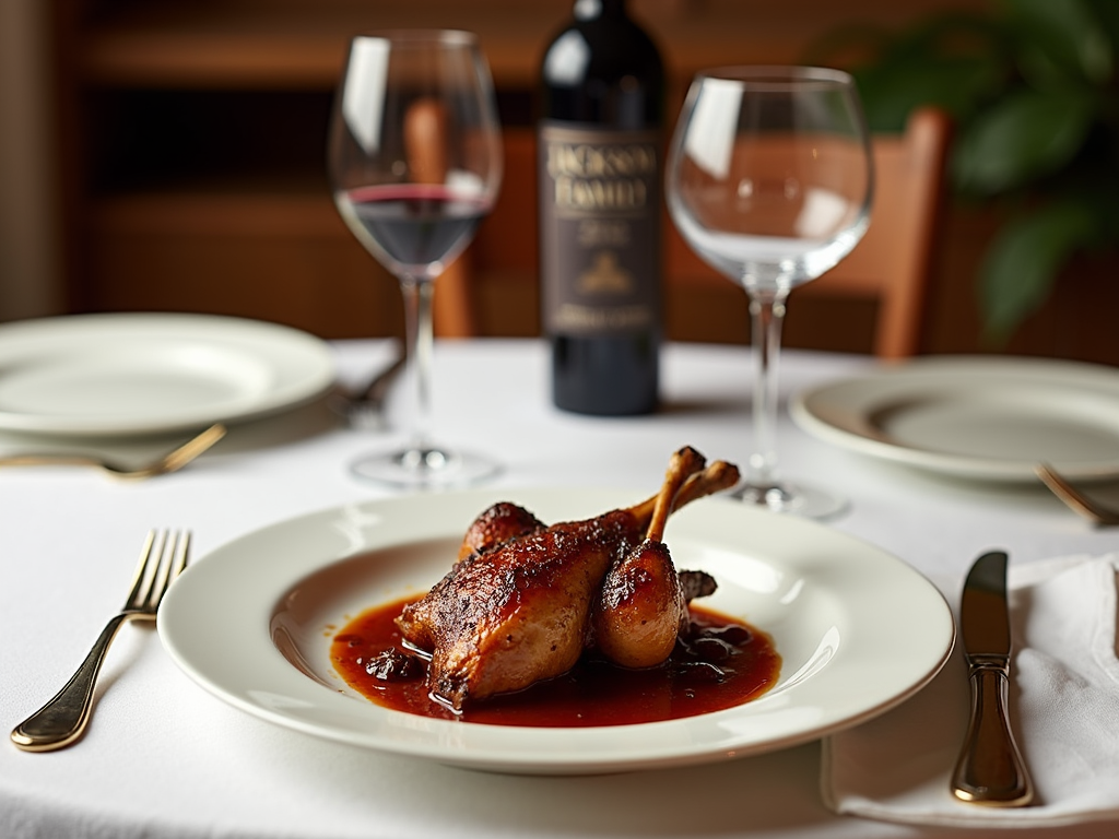 Dining table with Coq au Vin and Jackson Family Wines.