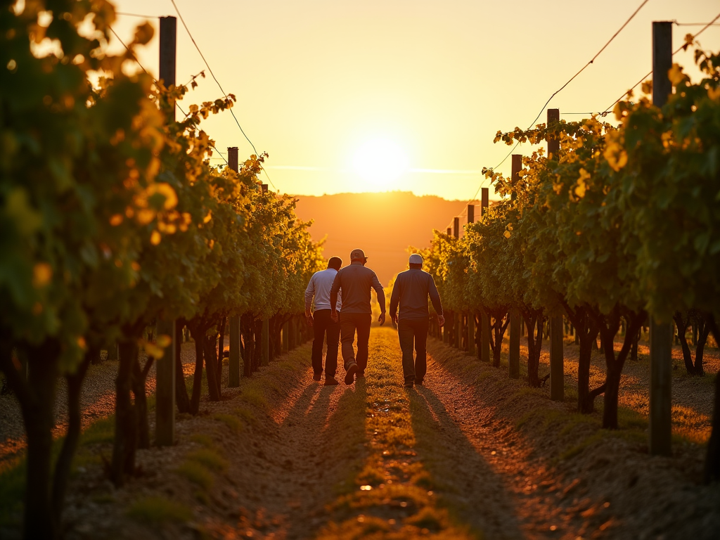 Workers harvesting grapes at sunset