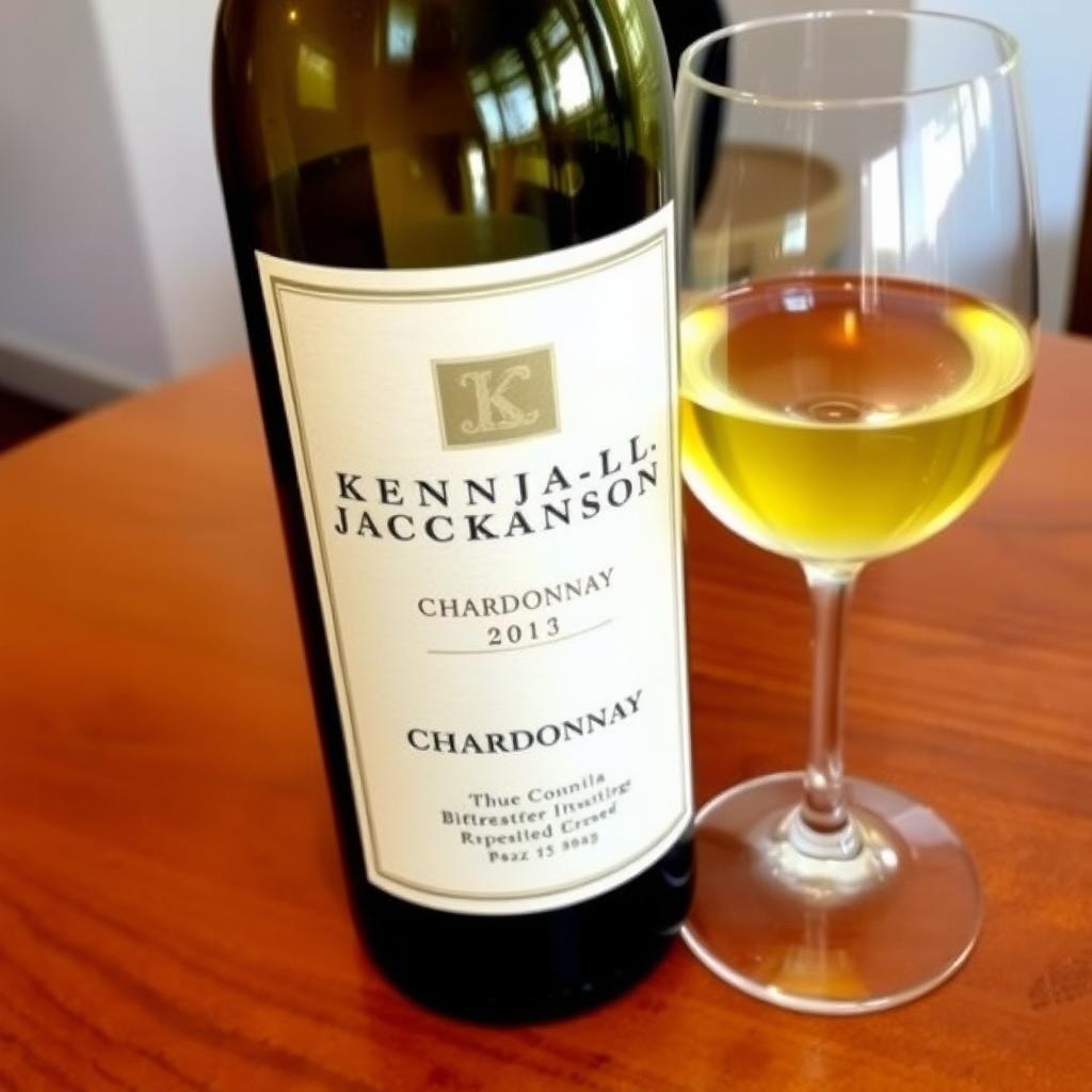 Kendall-Jackson Chardonnay bottle and glass on a wooden table.