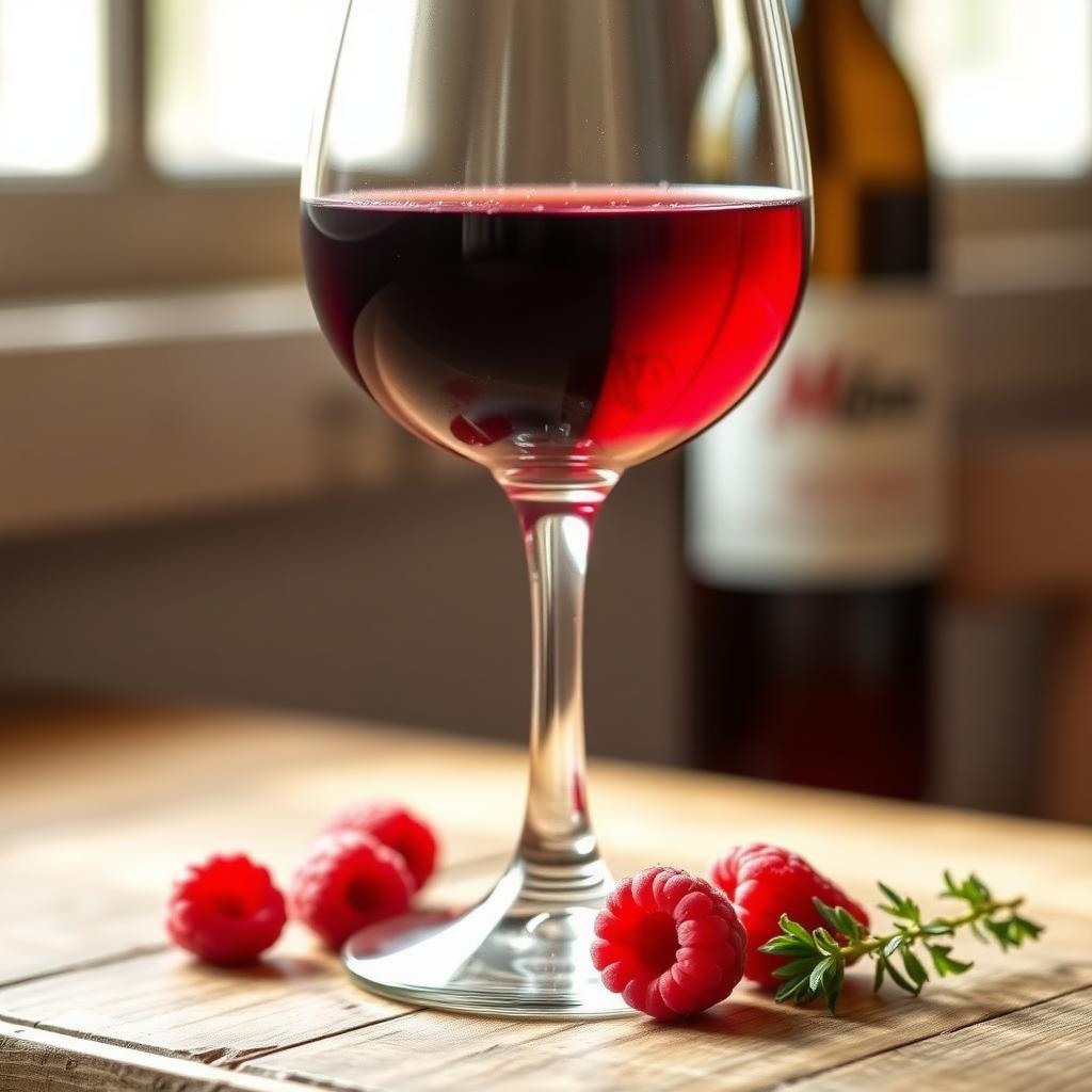 A glass of Pinot Noir on a wooden table with raspberries and thyme