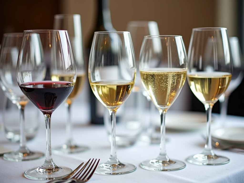 A table set with different types of wine glasses for tasting.