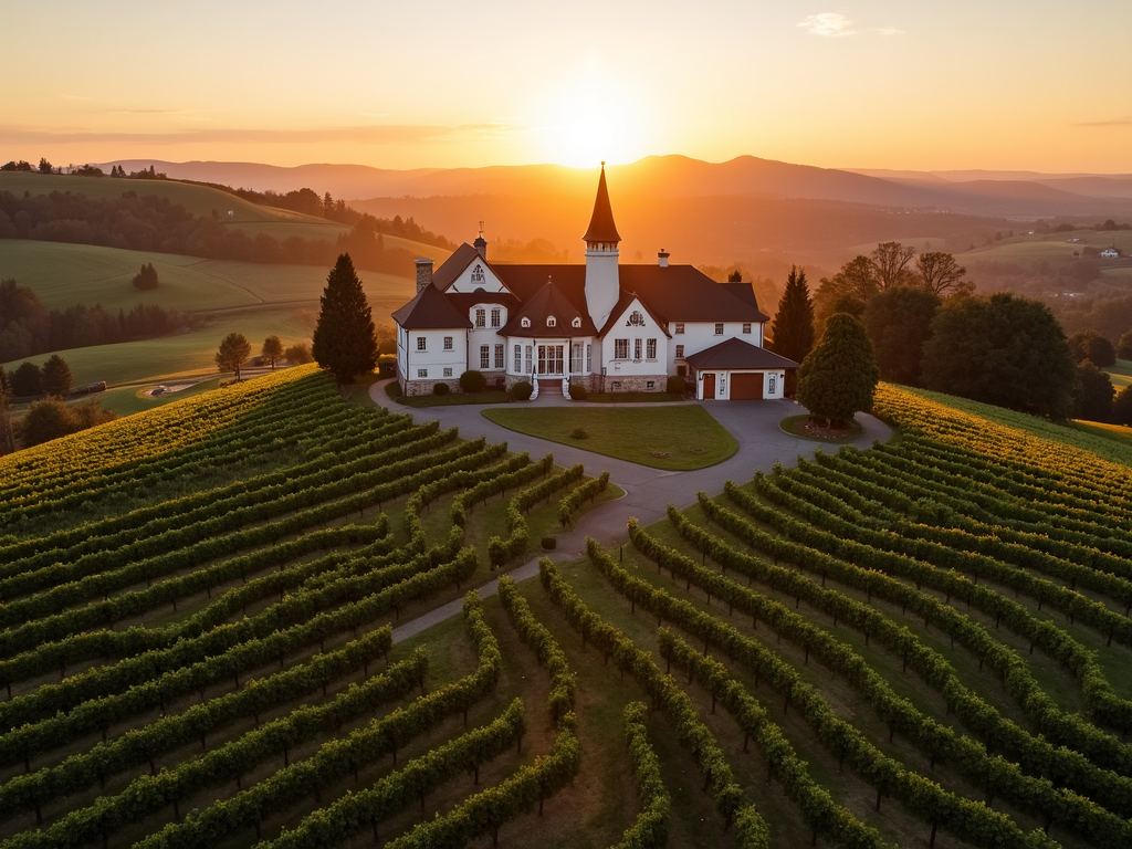 Historic Beringer winery in Napa Valley at sunset