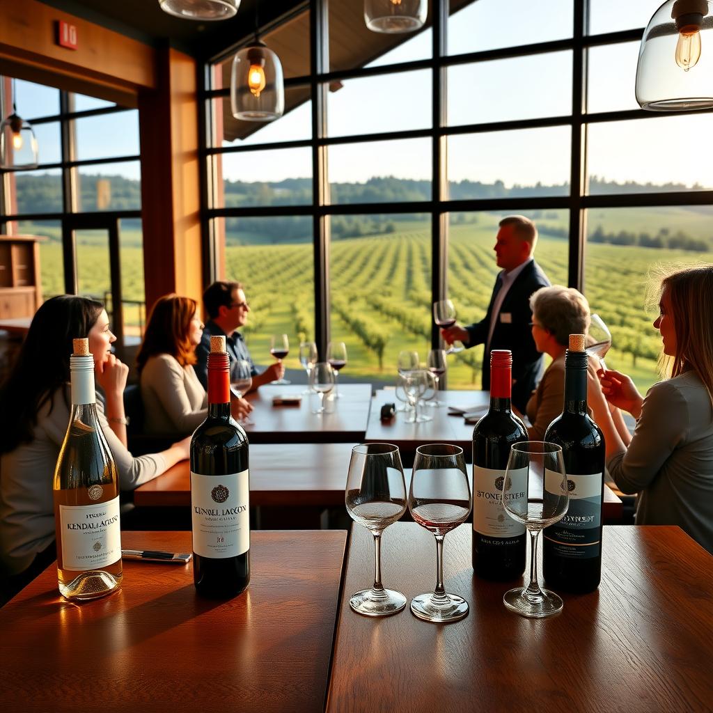 Modern winery tasting room with Jackson Family Wines bottles and people enjoying a tasting