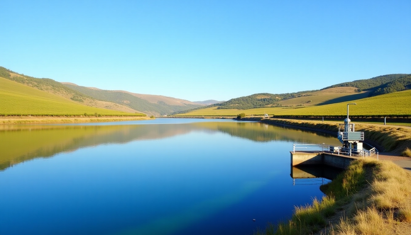 Reservoir capturing rainwater beside a vineyard