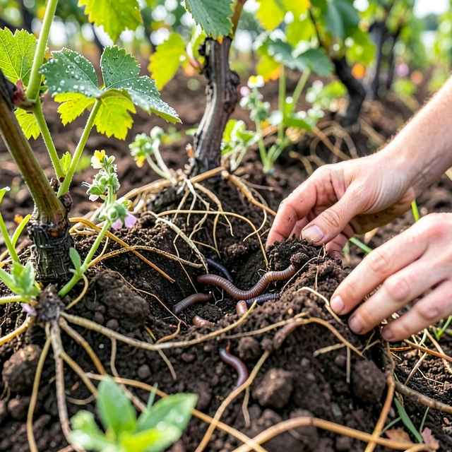 Close-up of vibrant regenerative vineyard soil with earthworms and cover crops