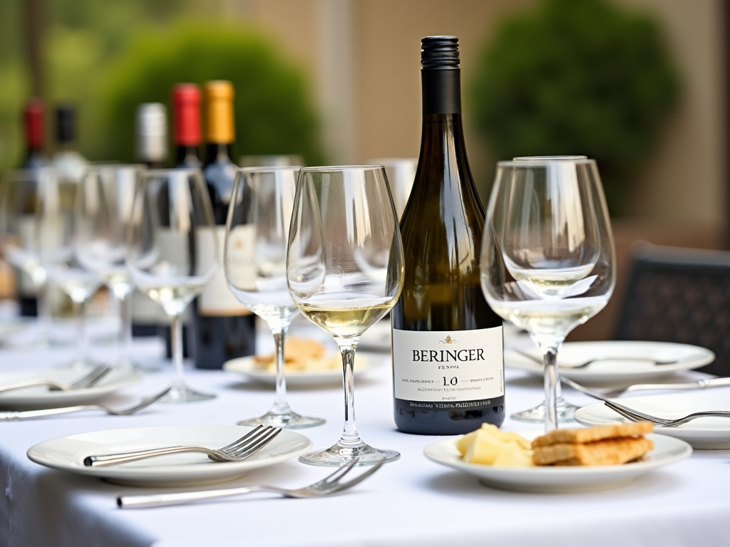 A well-prepared wine tasting table with Beringer wines and elegant glassware.