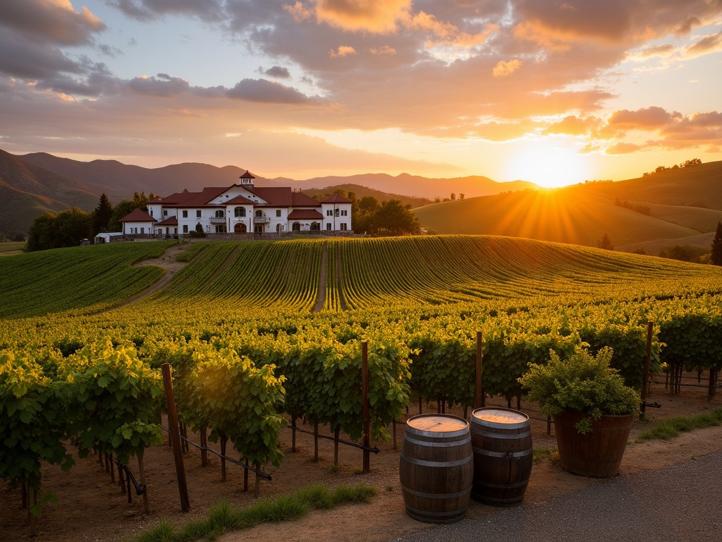 A picturesque vineyard at Jackson Family Wines during sunset, showcasing rows of lush grapevines.