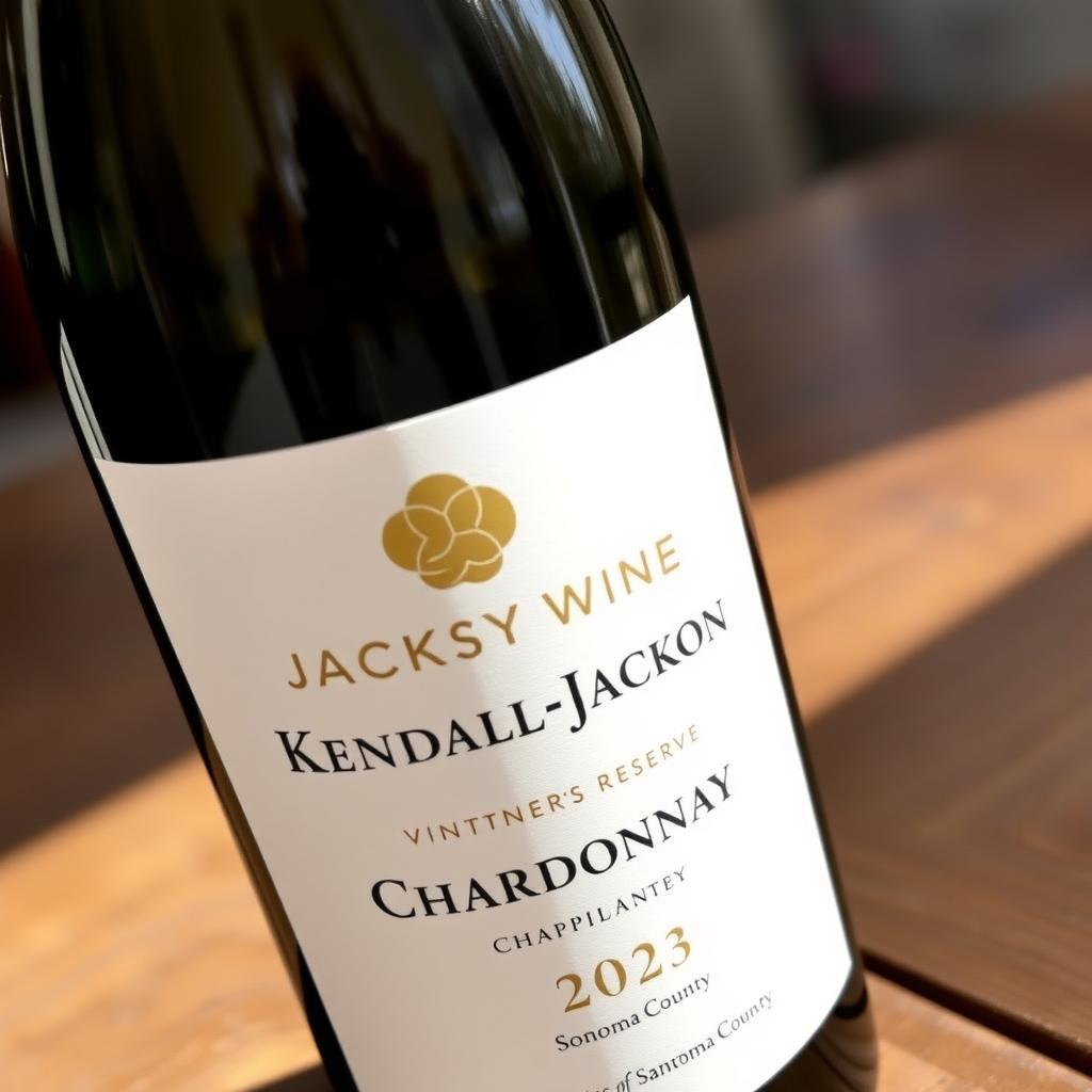 Close-up of a Jackson Family Wines Chardonnay bottle with a white label on a wooden table.