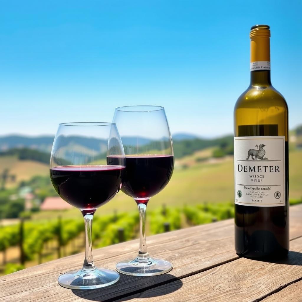 Glass of biodynamic wine with Demeter label on a table overlooking a sustainable vineyard.