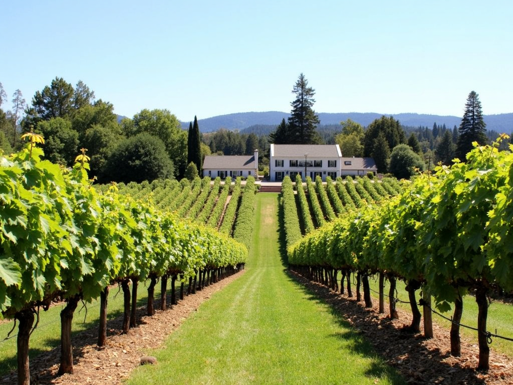 Vineyard in the Russian River Valley with a historic winery.