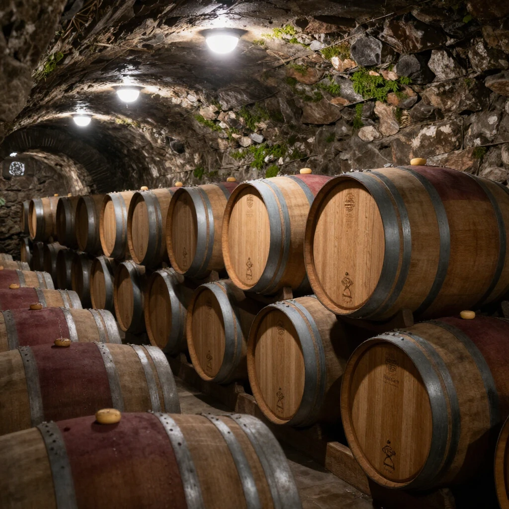 Oak barrels aging in Beringer's winery tunnels