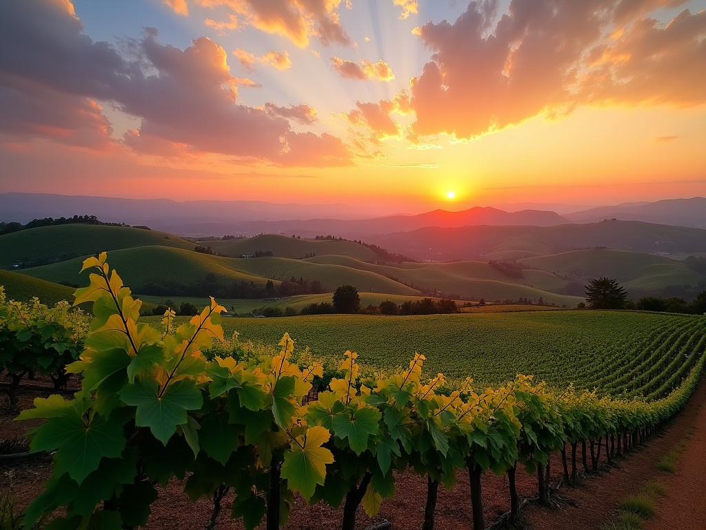 Rows of grapevines in the Napa Valley with sunlit hills in the background.