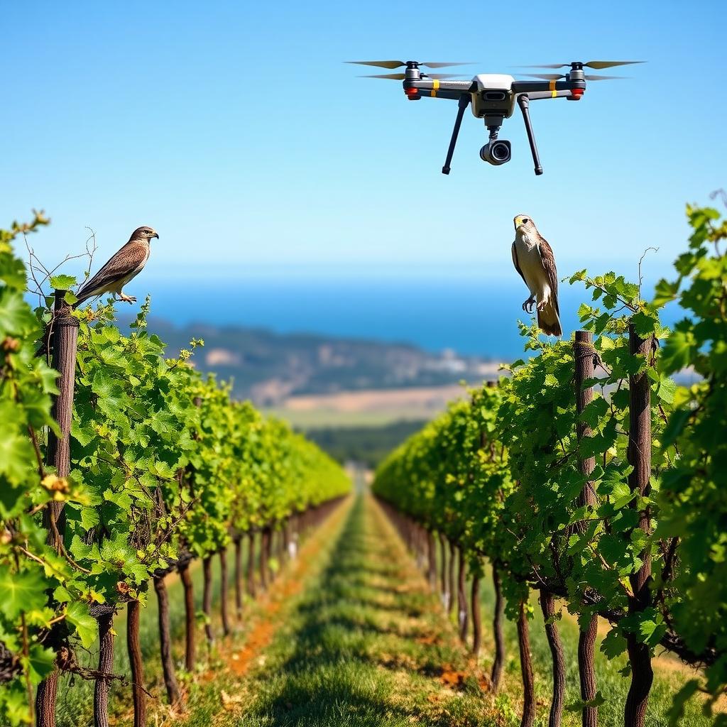 Regenerative vineyard with a falcon and drone under a clear sky