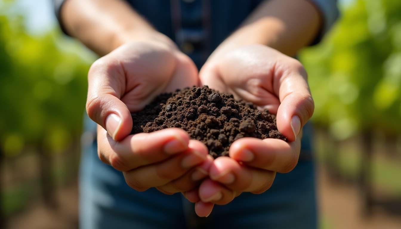 Winemaker holding soil with vines in background