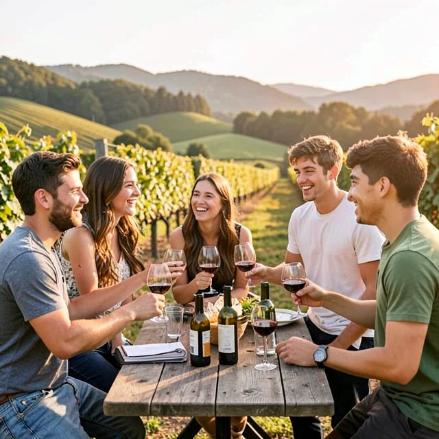 Friends enjoying organic wine tasting at a vineyard