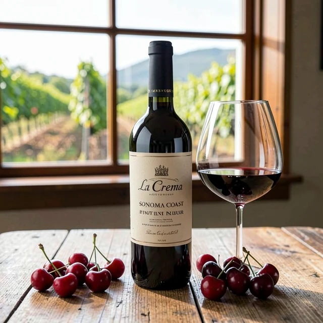 Bottle of La Crema Pinot Noir with cherries and wine glass on a wooden table