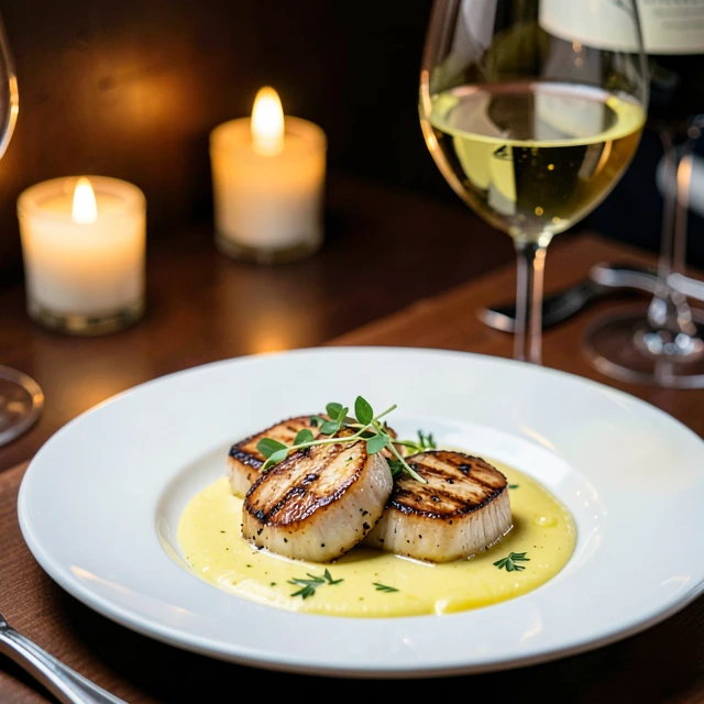 Seared scallops with creamy sauce paired with Chardonnay wine