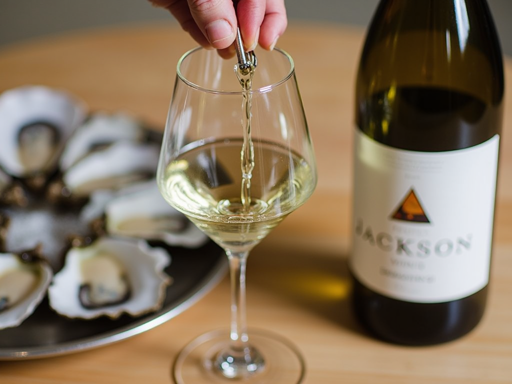 Pouring Jackson Family Wines Sauvignon Blanc with oysters
