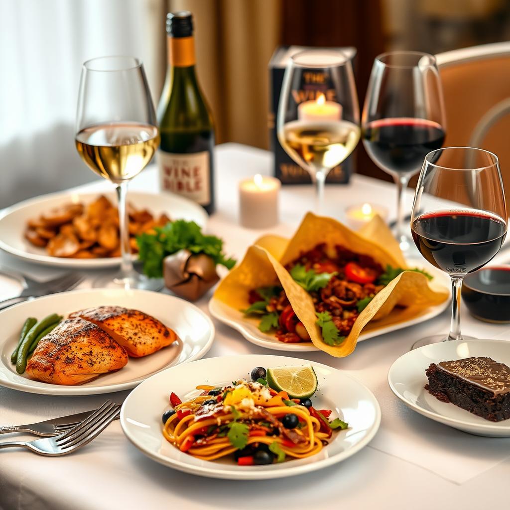 Dinner table with grilled salmon, tacos, dark chocolate, and paired wines, featuring The Wine Bible in the background.