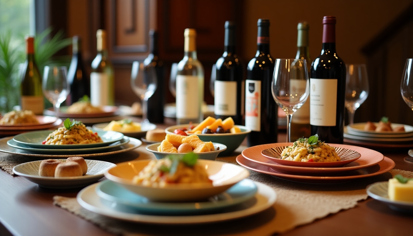 Cozy dining table with wine and food