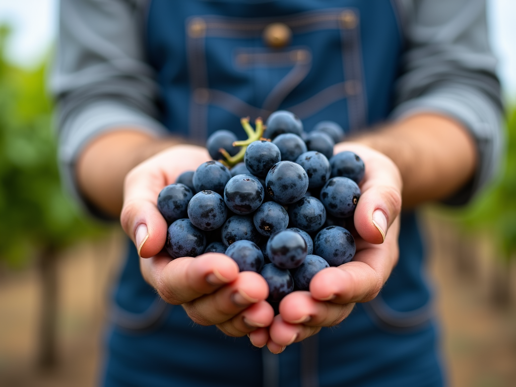 Winemaker’s hands cradling grapes with a vineyard backdrop.