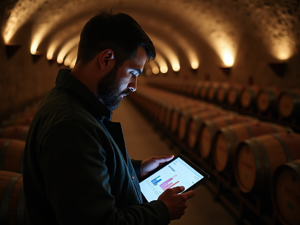 Winemaker using a tablet to monitor AI-driven winemaking data.