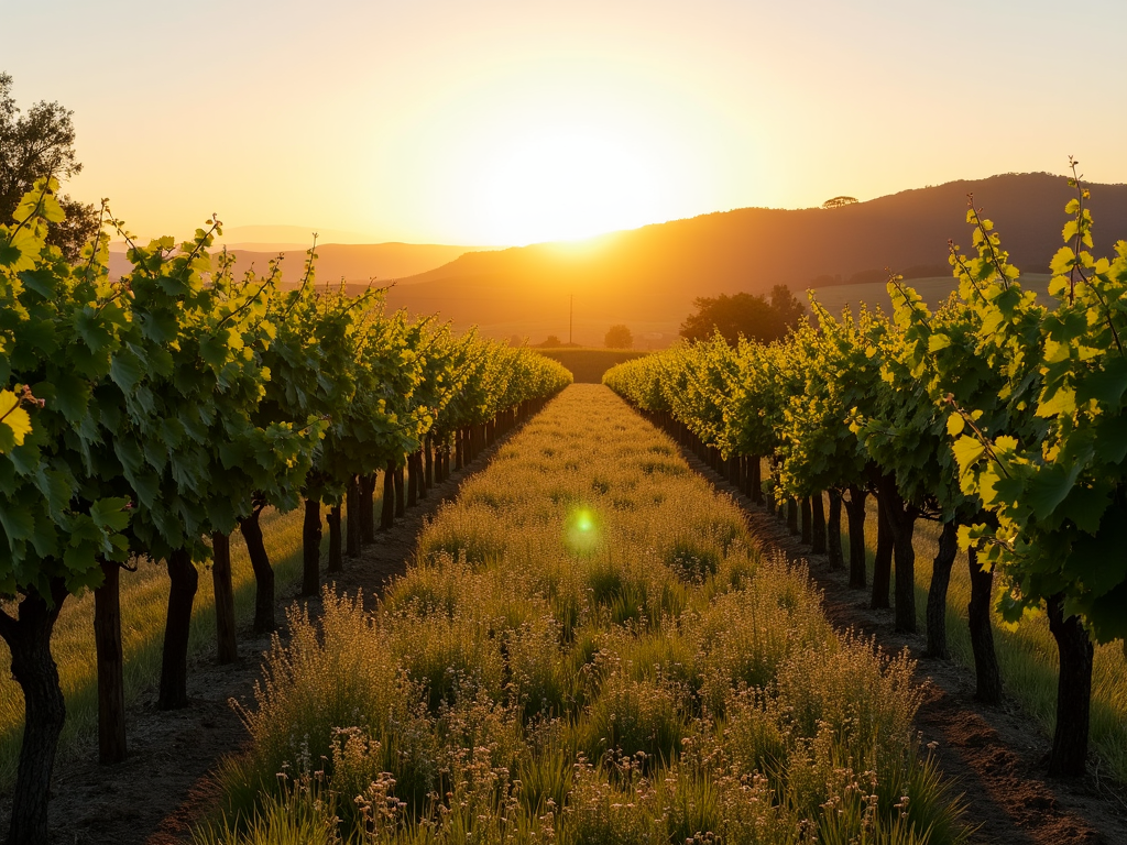 Organic vineyard at sunrise with grapevines and wildflowers