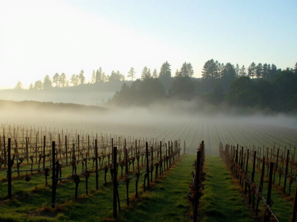 Morning fog at Misty Hills Vineyard, Oregon.