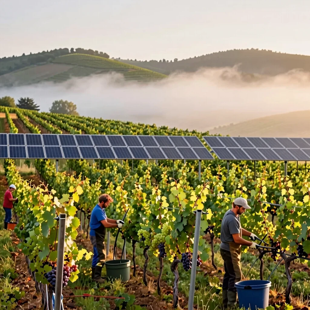 Sustainable vineyard workers pruning organic vines at sunrise