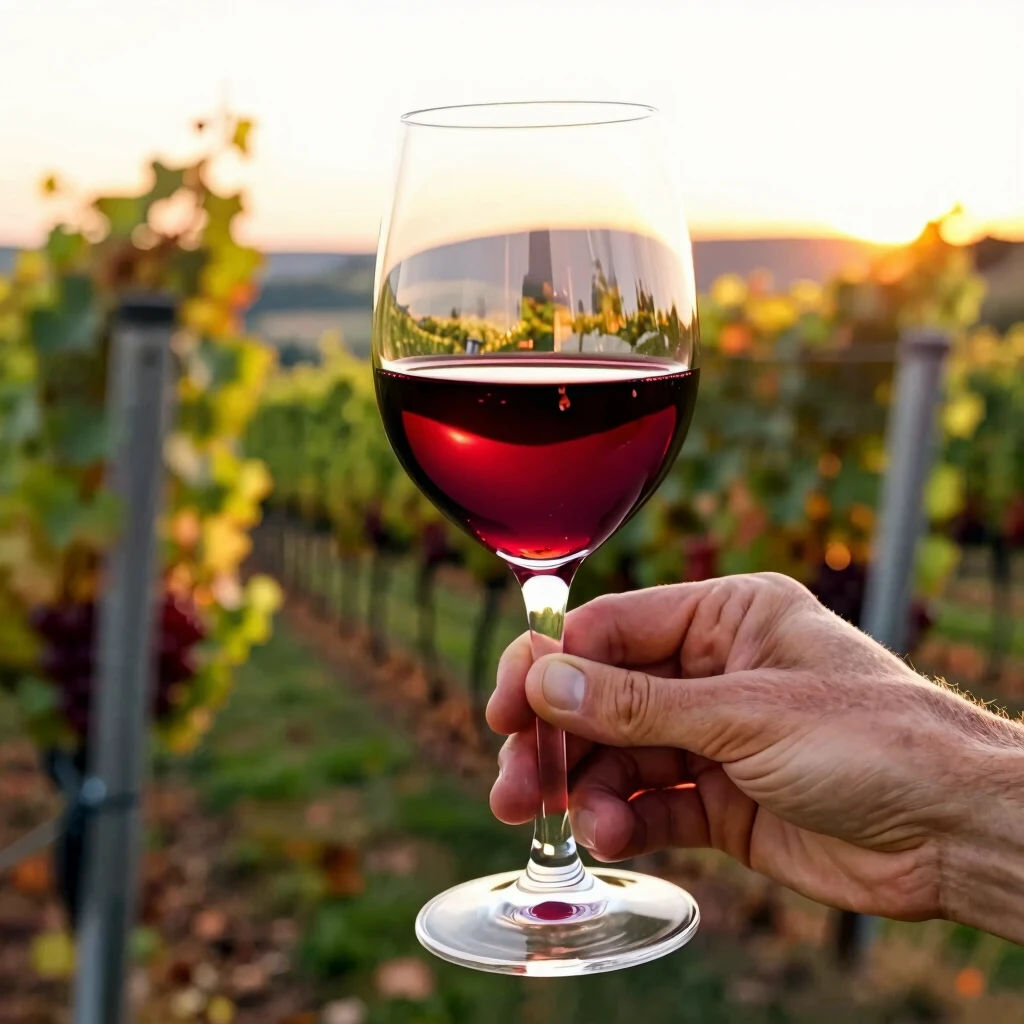 Hand swirling a glass of red wine to observe its legs and aromas