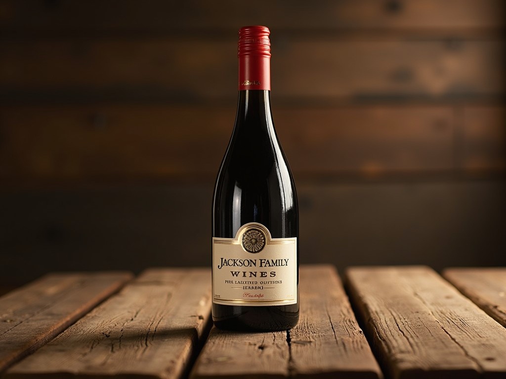 A close-up of a wine bottle with a Jackson Family Wines label, elegantly resting on a rustic wooden table.