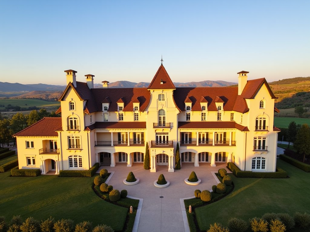 Domaine Carneros château with terrace and vineyards.