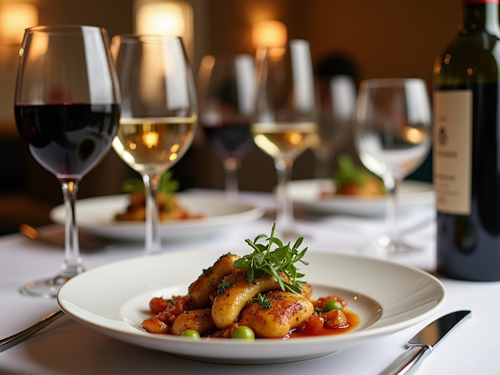 A dining table set with wine and food