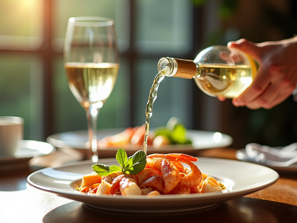 Pouring white wine with seafood