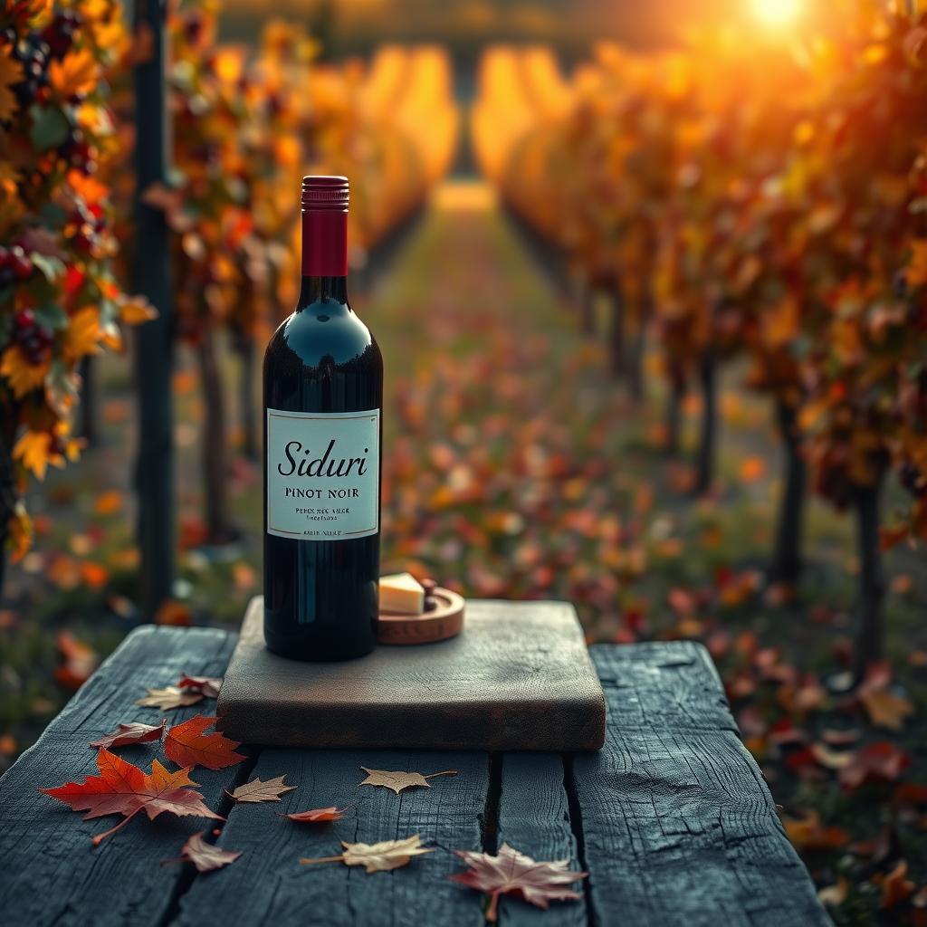 Siduri Pinot Noir bottle on a rustic table in an autumn vineyard