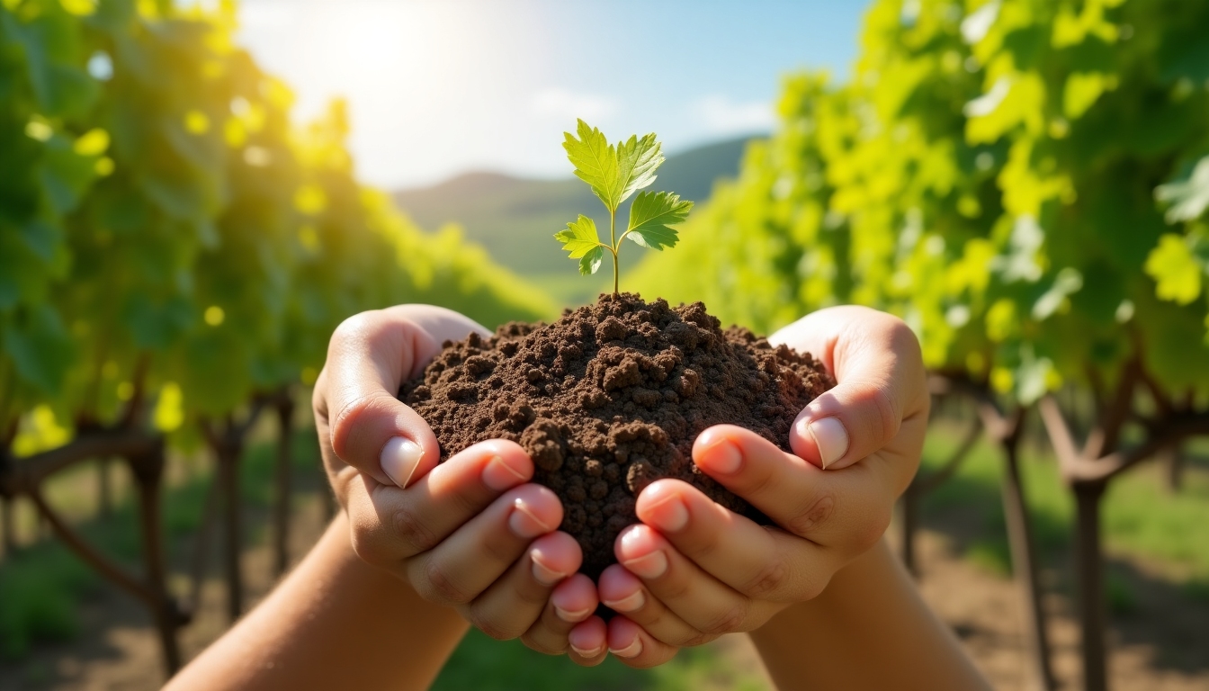 Close-up of hands holding rich soil with grapevines in the background, portraying earthy connection in vineyards.
