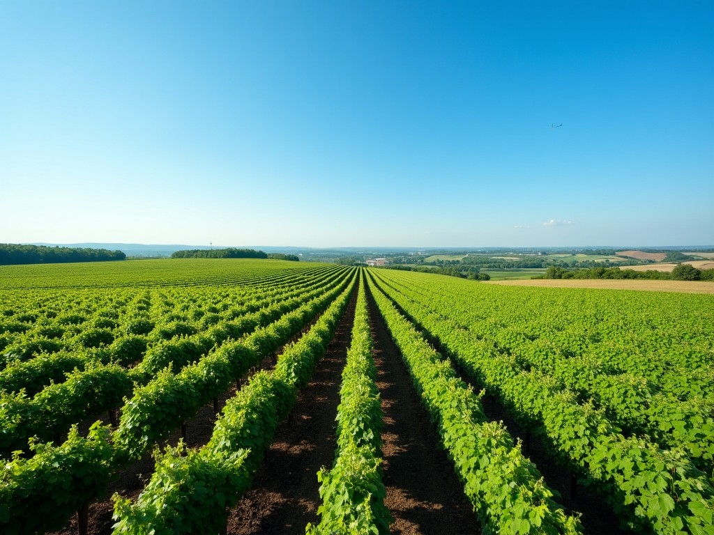 Aerial view of picturesque vineyards under a clear blue sky.