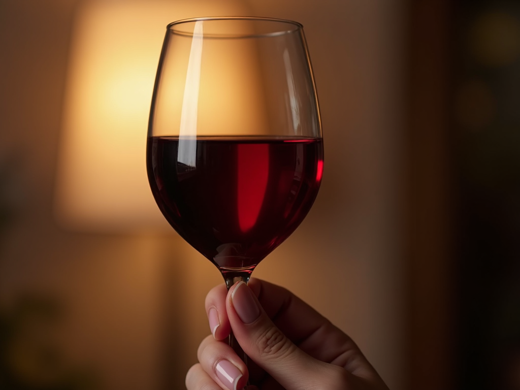 A person examining the color of red wine in a glass.