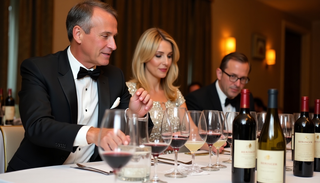 Judges at a wine tasting event evaluating Beringer wines.