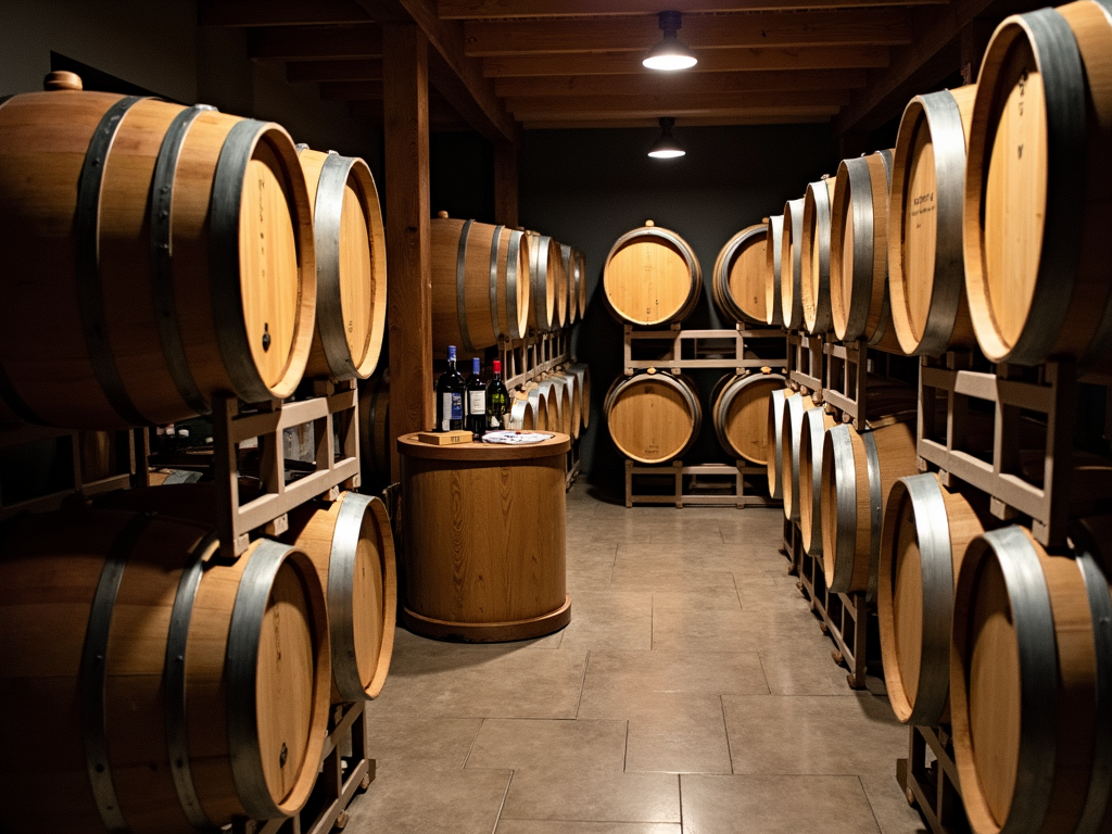 Winery barrel room with oak barrels