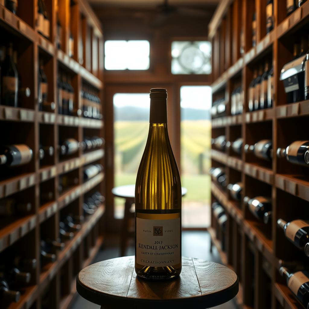Cozy wine cellar with racks of Jackson Family Wines white wine bottles, highlighting a Kendall-Jackson Chardonnay on a wooden table.