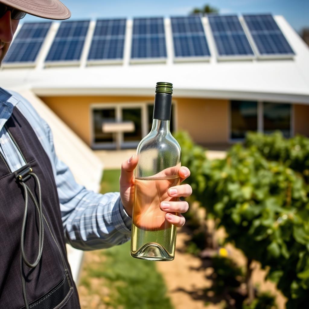 Solar panels on a winery roof with a worker holding a lightweight wine bottle