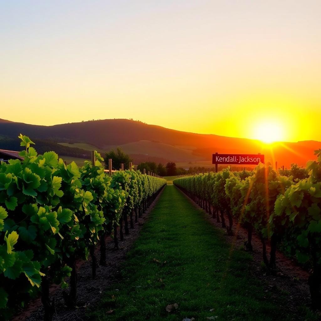 Sunset over Kendall-Jackson vineyard with rows of grapevines and a wooden sign