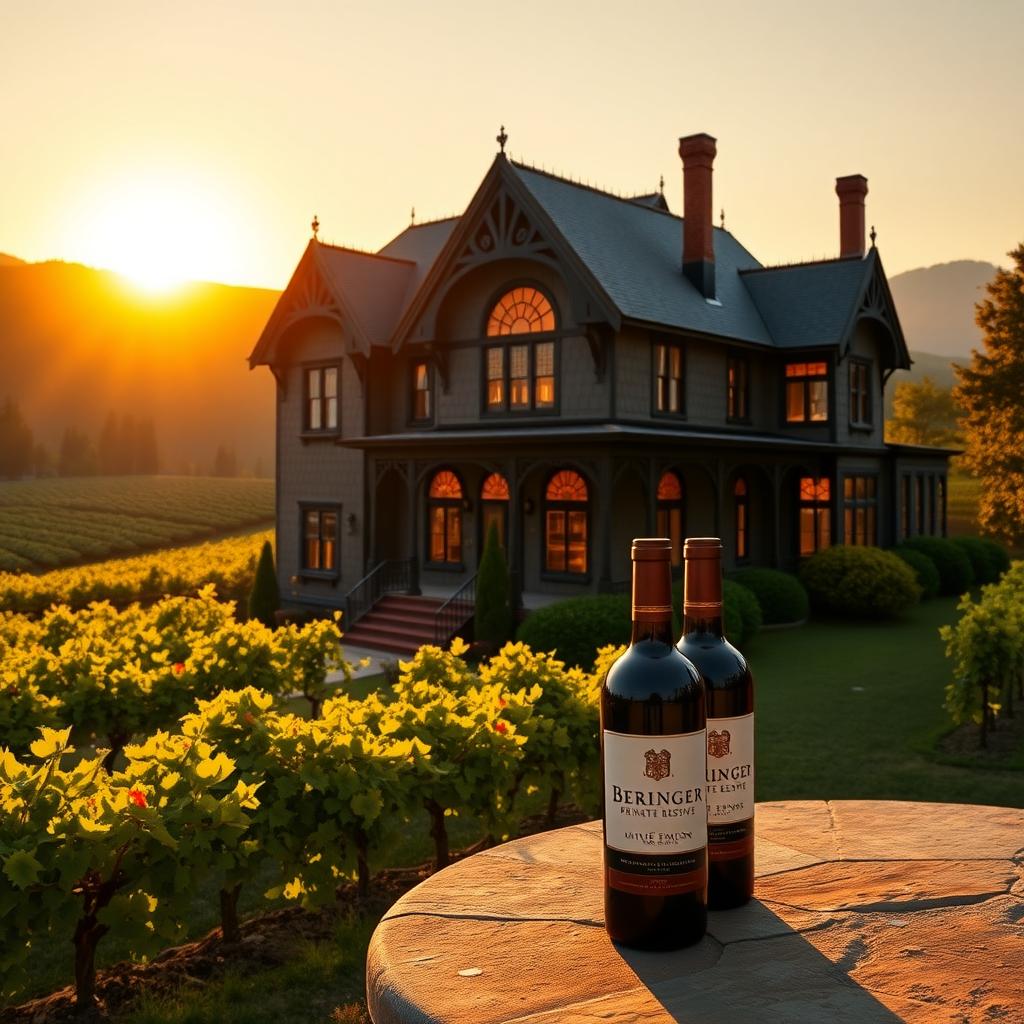 Beringer’s Rhine House in Napa Valley at sunset, with vineyards and Private Reserve wine bottles in the foreground.