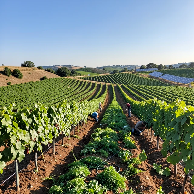 Sustainable vineyard with cover crops and solar panels showcasing eco-friendly wine practices