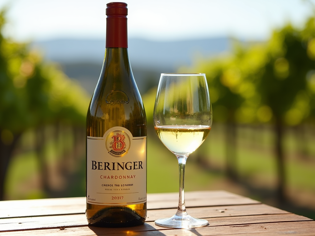Beringer Chardonnay bottle and glass of white wine