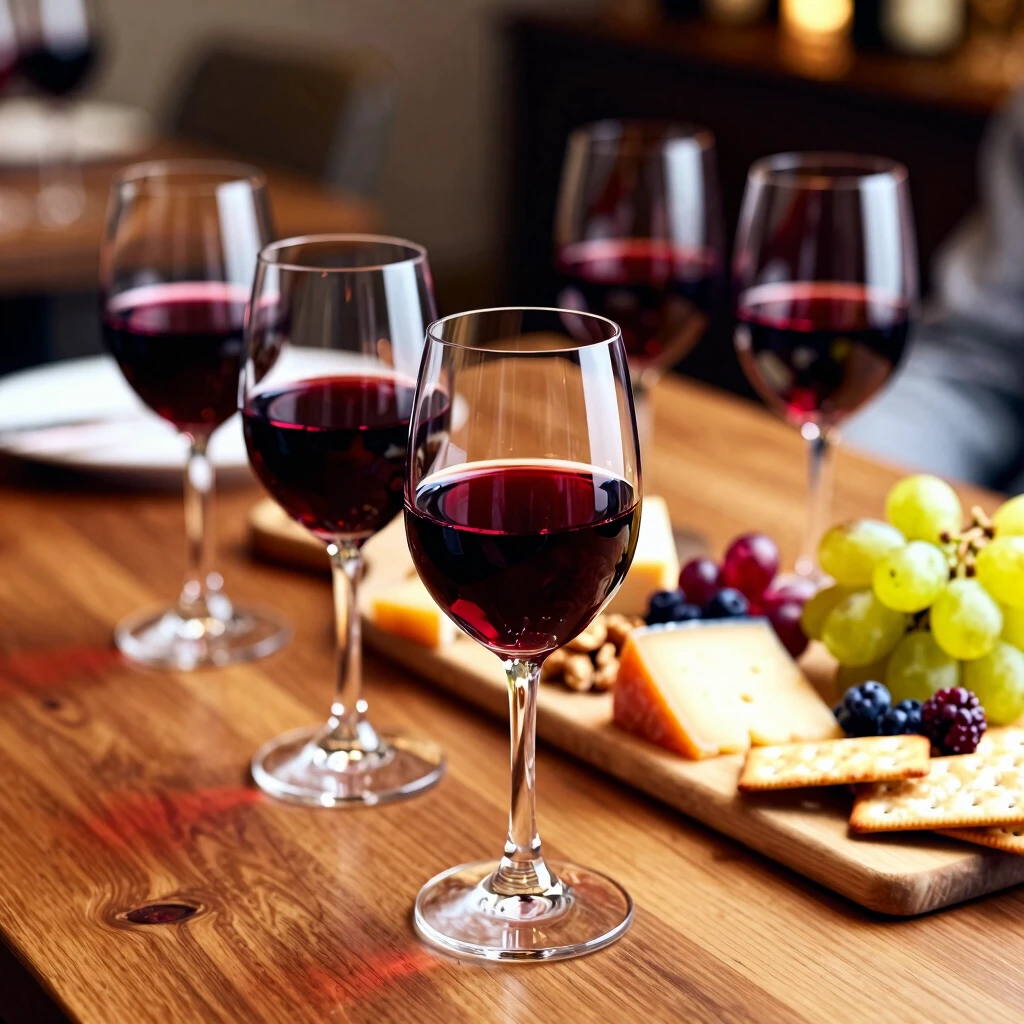 Red wine glasses with cheese, fruits, and charcuterie for tasting